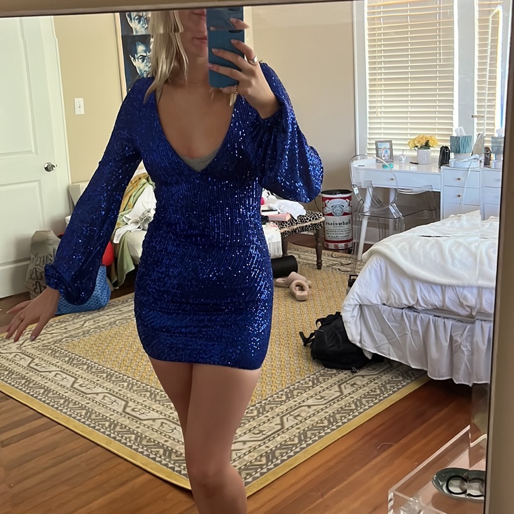 Mini royal blue sequin dress with bell bottom sleeves